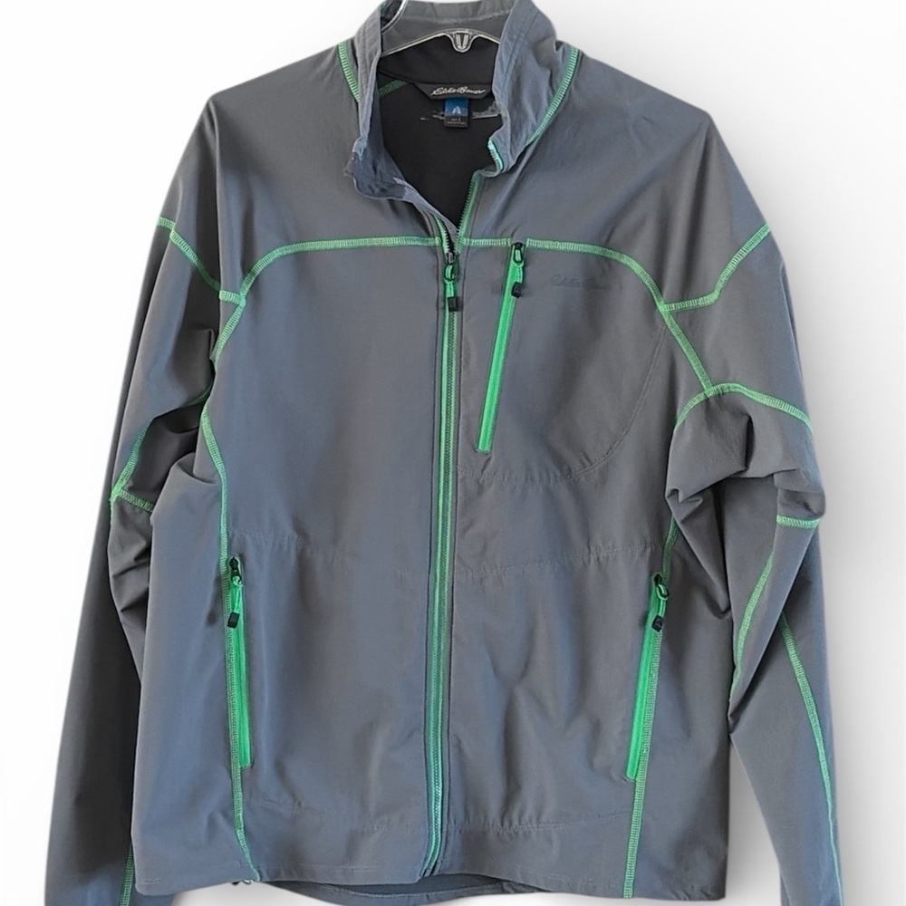 Eddie Bauer Mens Gray Windbreaker Lime Green Accents Zippered Pocket Size L